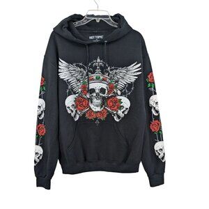 Hot Topic Skull Roses Winged Hoodie Men Size M Pullover Graphic Y2K Goth Grunge